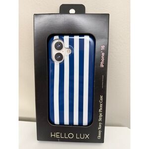 HELLO LUX iPhone 16 Case MagSafe Navy White Stripe Glossy NWT